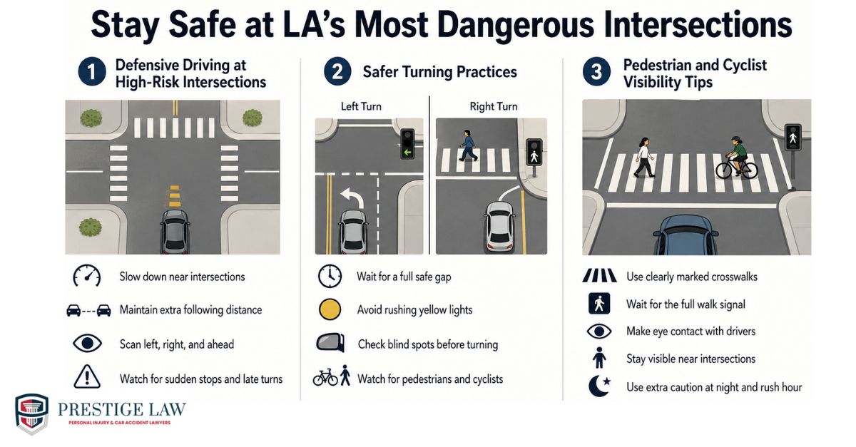 Crash-Prone Intersections in Los Angeles: Risks, Causes, and Safety Tips Infographic showing safety tips for navigating dangerous Los Angeles intersections, including defensive driving, safer turning practices, and pedestrian and cyclist visibility at crosswalks.