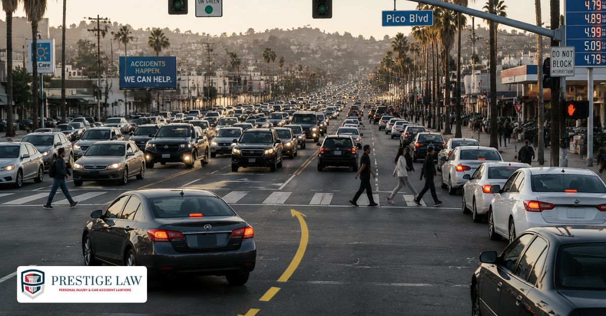Crash-Prone Intersections in Los Angeles: Risks, Causes, and Safety Tips Driver making a difficult left turn across a wide multi-lane Los Angeles intersection, with heavy oncoming traffic, pedestrians in crosswalks, and multiple vehicles converging during busy rush-hour conditions.