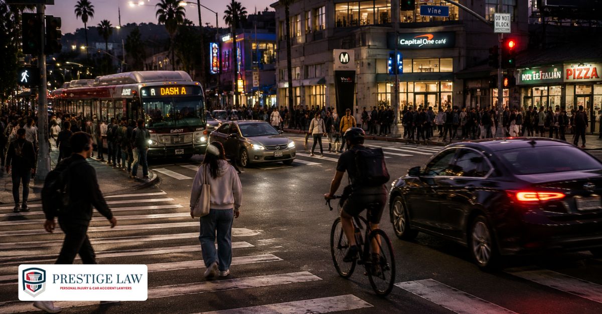 Crash-Prone Intersections in Los Angeles: Risks, Causes, and Safety Tips Pedestrians and cyclists navigating a crowded Los Angeles intersection near transit stops and crosswalks at dusk, with turning vehicles, busy traffic, and reduced visibility creating hazardous conditions in a dense urban environment.