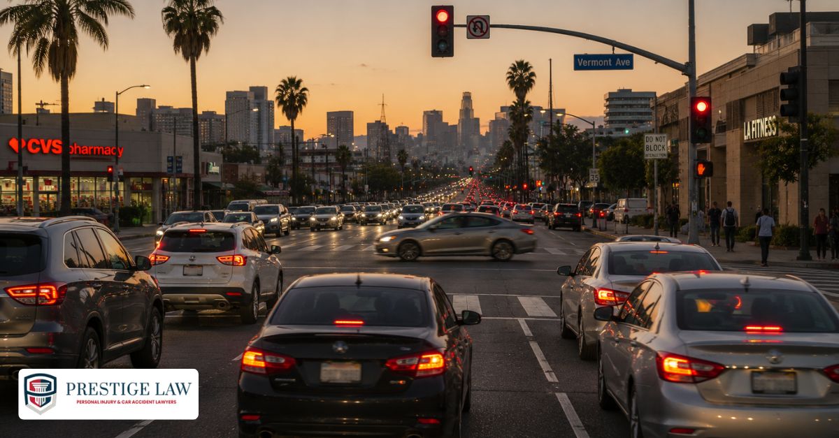 Crash-Prone Intersections in Los Angeles: Risks, Causes, and Safety Tips High-speed traffic approaching a busy Los Angeles intersection as a traffic light turns red, with one vehicle entering late through the intersection while cross traffic and nearby cars brake suddenly during heavy urban rush-hour conditions.