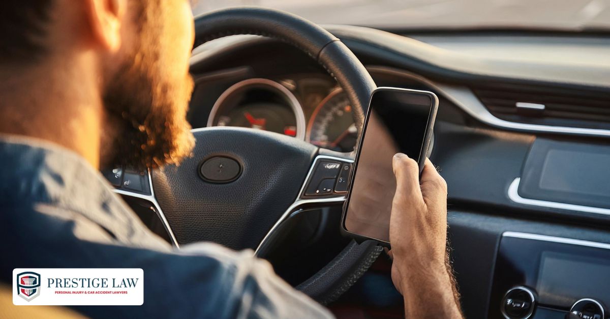 Driver texting on a phone while steering with one hand