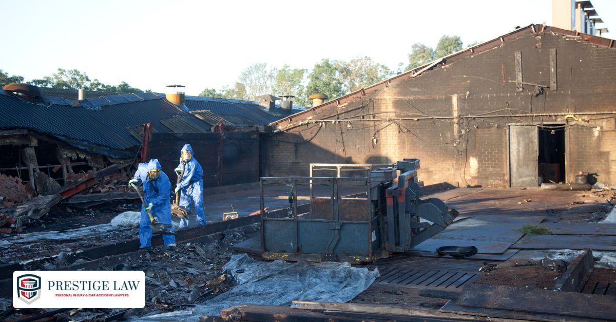 Workers removing fire debris and hazardous materials from a burned property.