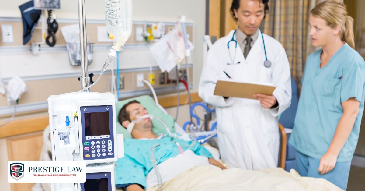 Unconscious patient in a hospital bed with visible brain activity and medical monitors
