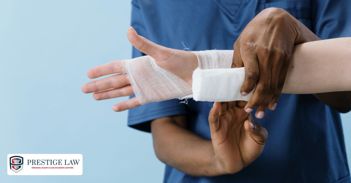 A medical professional bandages a patient’s arm with deep puncture wounds and torn skin from a severe dog bite