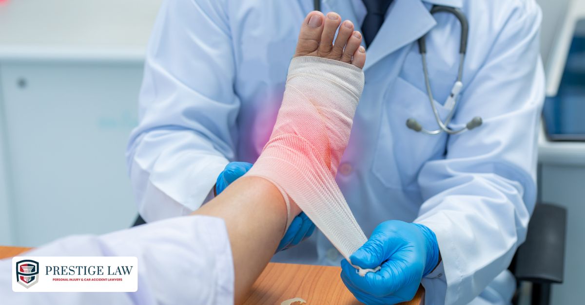 A severely injured patient with multiple bandaged limbs is treated in an emergency room after a violent dog attack