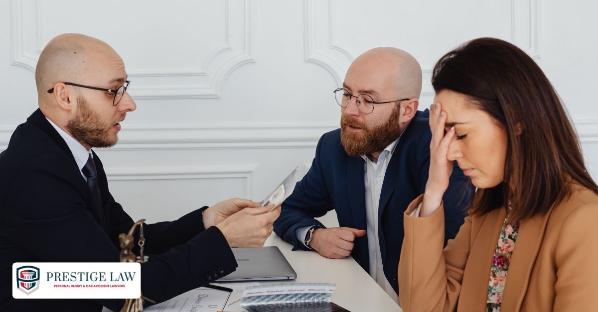  Attorney negotiates with an insurance representative at a conference table, with a courtroom visible in the background, symbolizing the choice between settlement and trial.