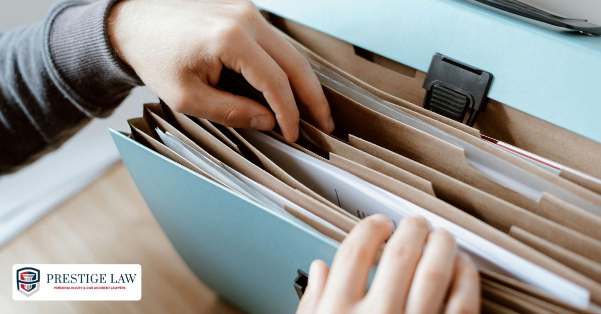 A person organizes medical records, injury photos, and documents related to a dog bite incident