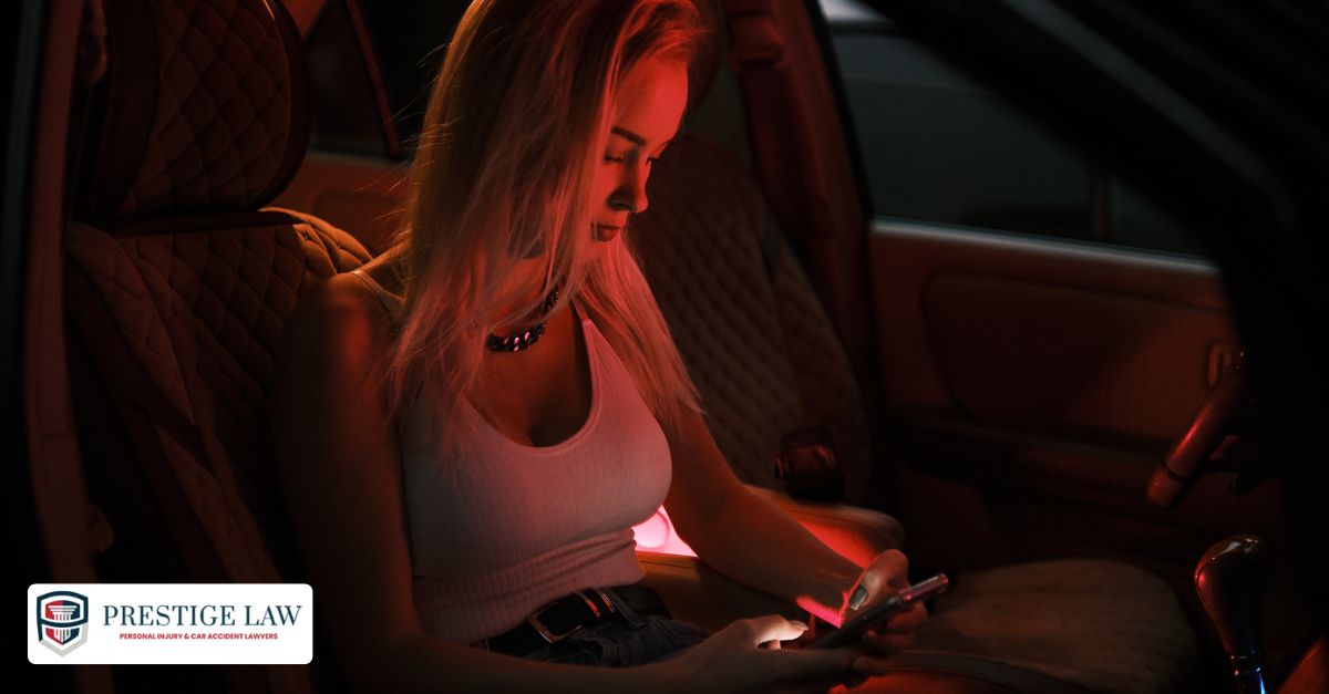 A female passenger practicing safe rideshare habits