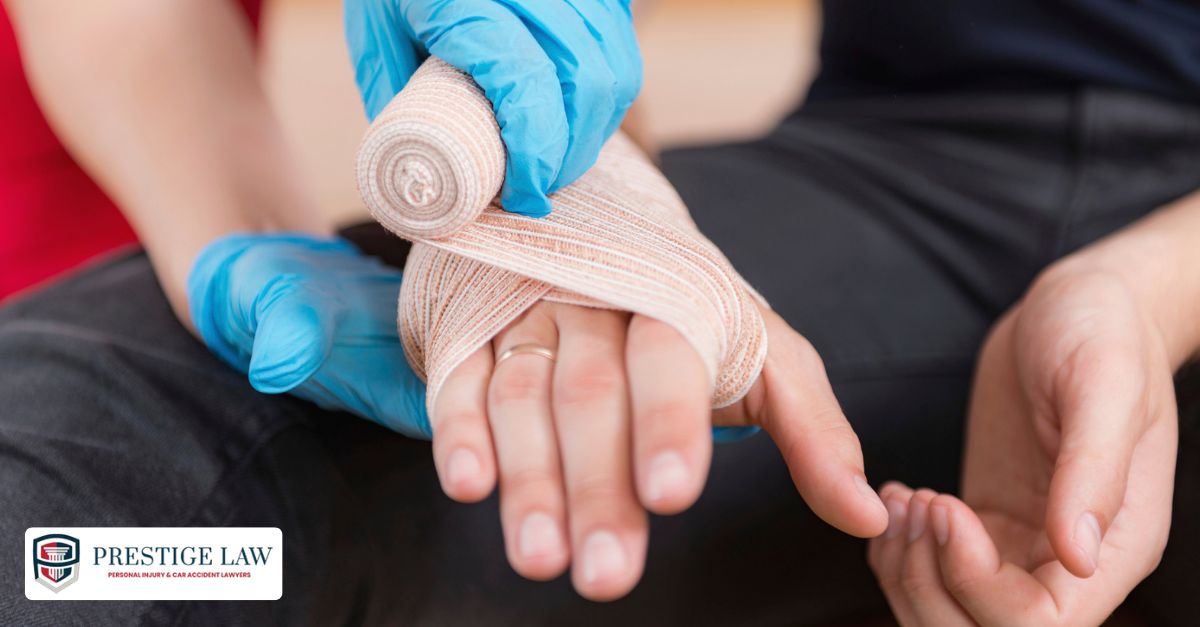 A medical professional examines a patient’s bandaged arm while discussing the severity of a dog bite injury.