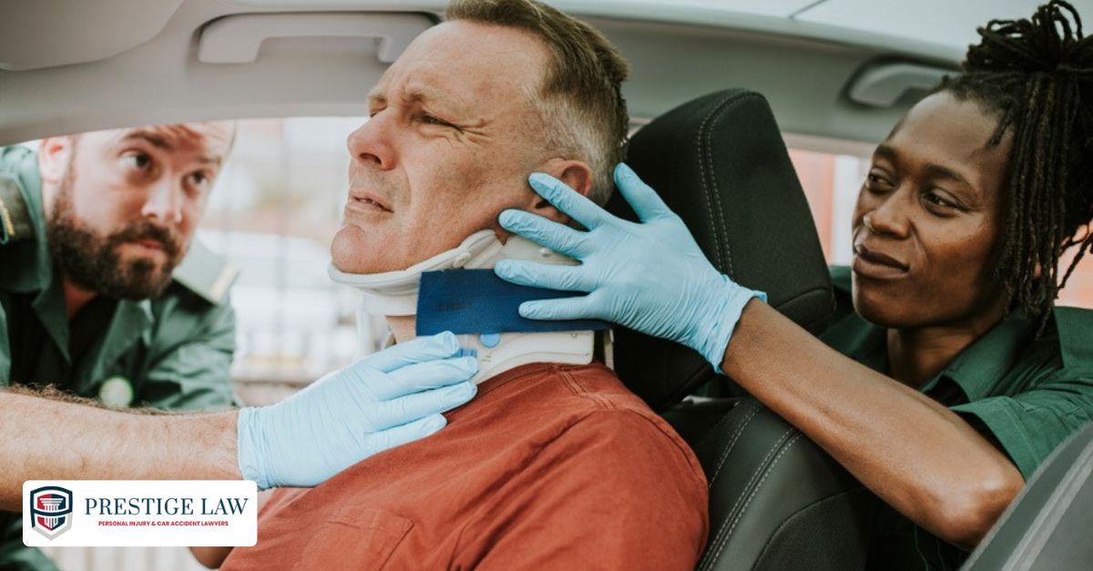  Injured person seated in a car after an accident while paramedics stabilize their neck and prepare for emergency transport.