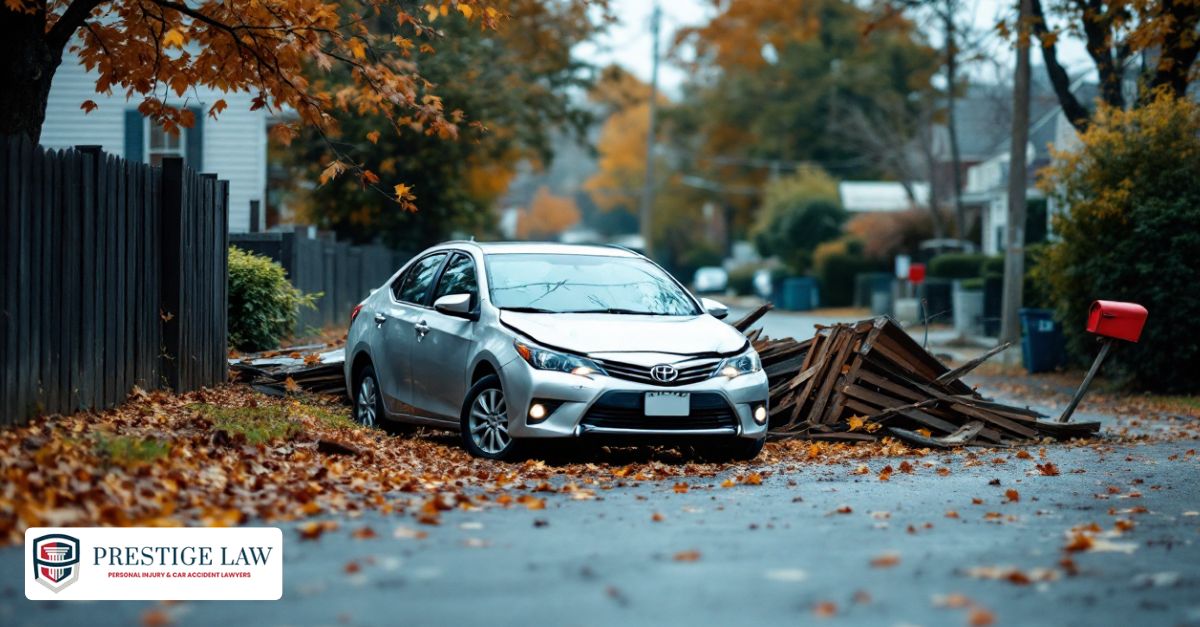 A damaged car near a broken fence, fallen mailbox, and bent signpost