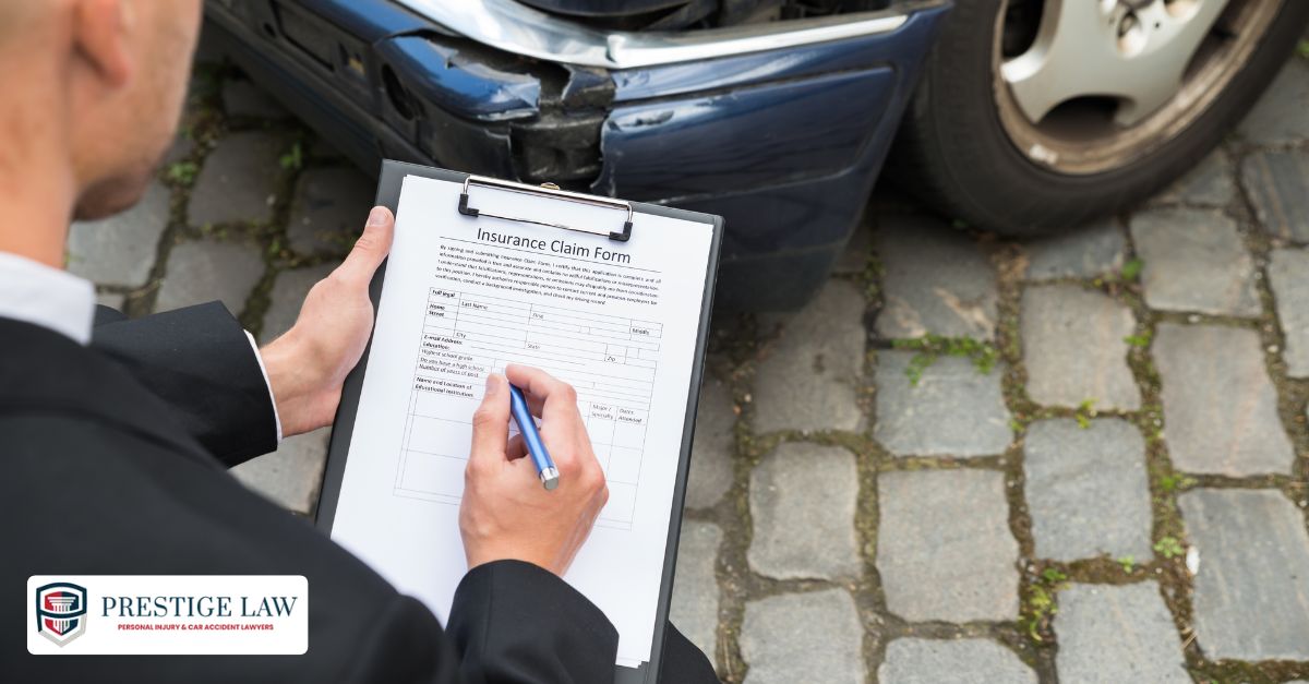 An insurance adjuster documents damage to a car while a person fills out a property damage claim form.
