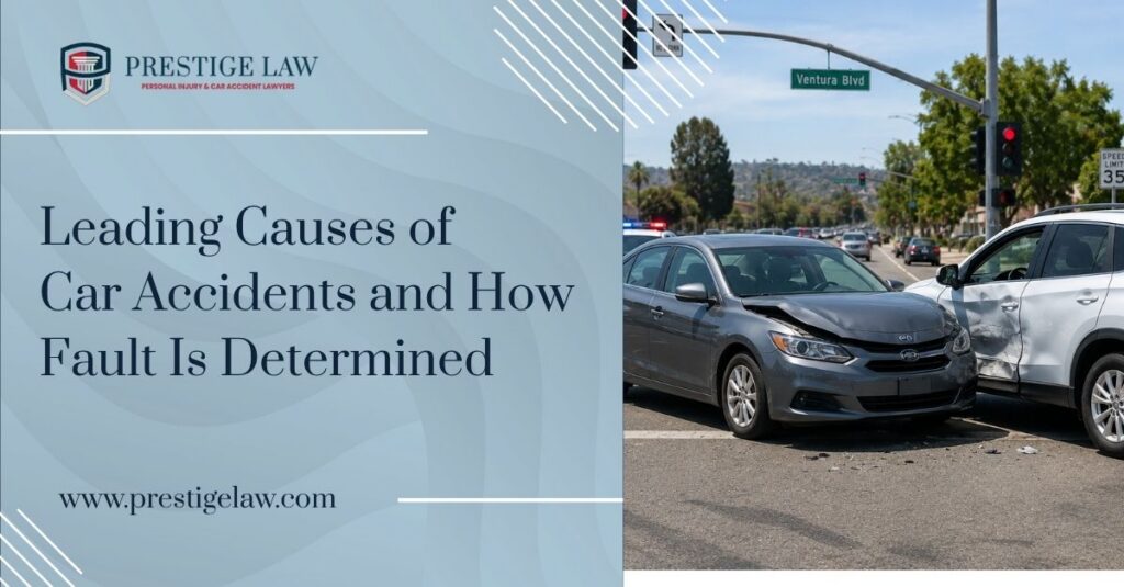 California car accident scene showing two damaged vehicles at an intersection, illustrating common causes of collisions and the process of determining fault after a crash.