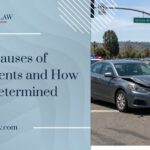 California car accident scene showing two damaged vehicles at an intersection, illustrating common causes of collisions and the process of determining fault after a crash.