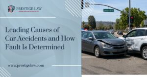 California car accident scene showing two damaged vehicles at an intersection, illustrating common causes of collisions and the process of determining fault after a crash.